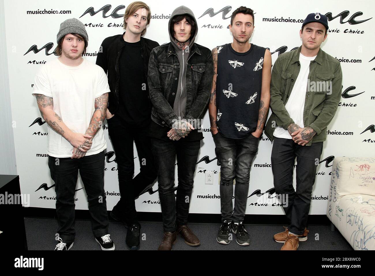 New York, NY, USA. 15 September, 2015. Lee Malia, Matt Kean, Oli Sykes, Jordan Fish, Matt Nicholls, of Bring Me The Horizon at the Music Choice photo op at Music Choice. Credit: Steve Mack/Alamy Stock Photo