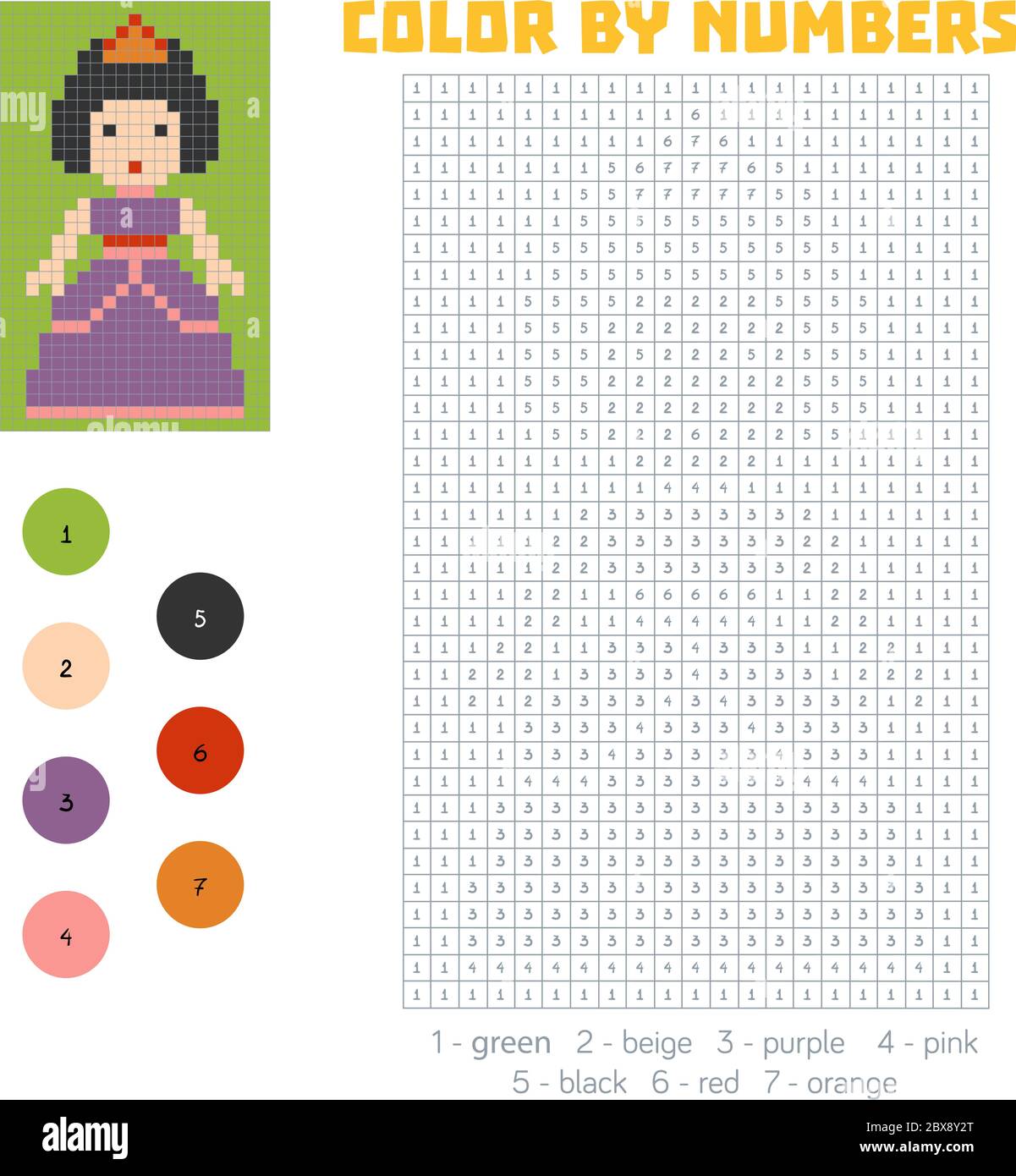 Color by number, education game for children, Princess Stock Vector ...