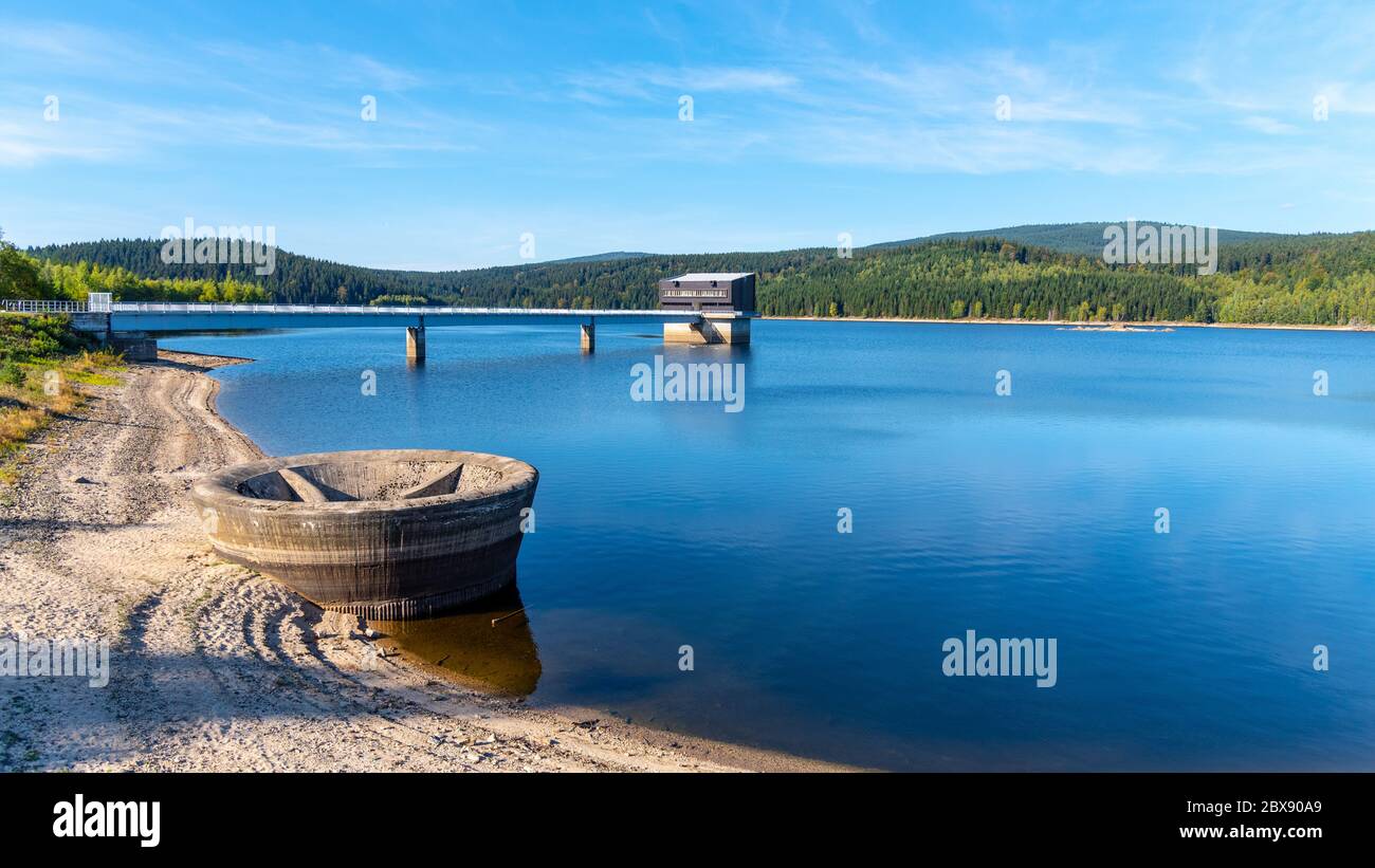 Mountain water reservoir Josefuv Dul, aka Josefodolska Dam, Jizera Mountains, Czech Republic. Sunny summer day. Stock Photo