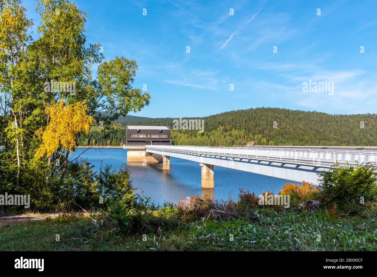 Mountain water reservoir Josefuv Dul, aka Josefodolska Dam, Jizera Mountains, Czech Republic. Sunny summer day. Stock Photo