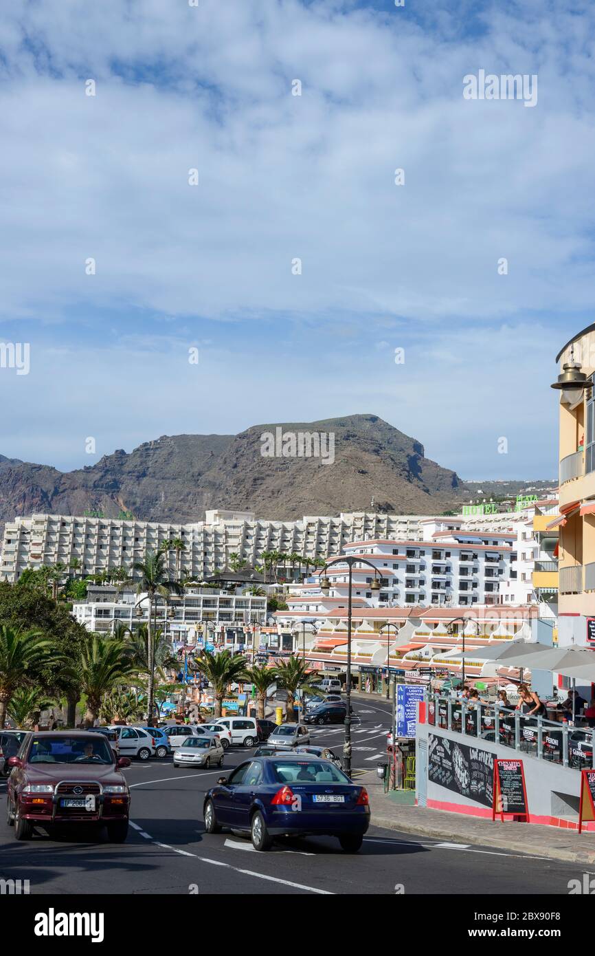 View of Av. Maritima with apartments  Seguro de Sol and hotel Playa de la Arena in Puerto de Santiago, Tenerife Island, Canary Islands, Spain. Stock Photo