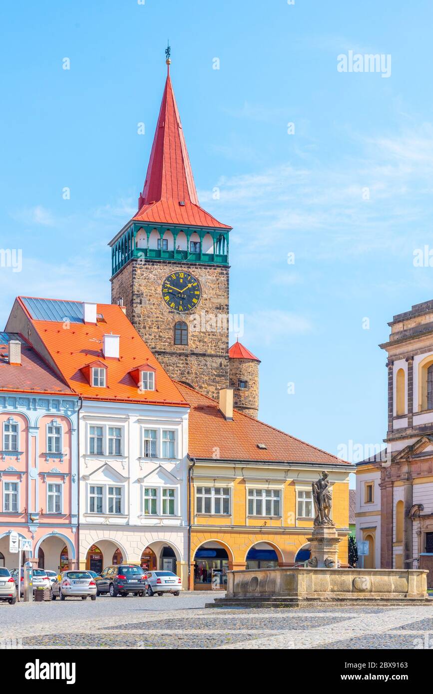 Colorful renaissance houses and Valdice Gate at Wallenstein Square in Jicin, Czech Republic. Stock Photo