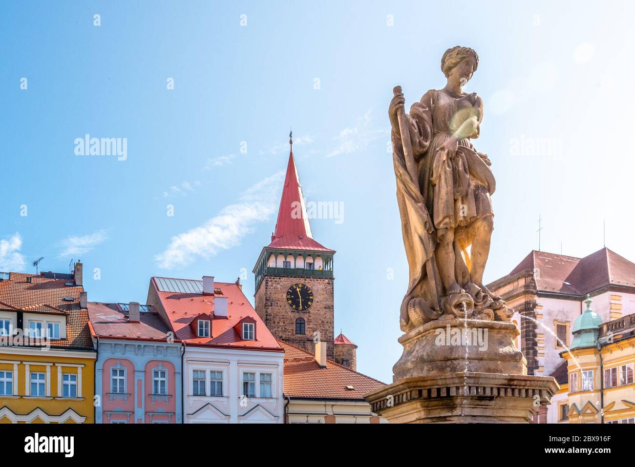 Fountain statue and Valdice Gate, or Valdicka brana, in Jicin, Czech Republic Stock Photo