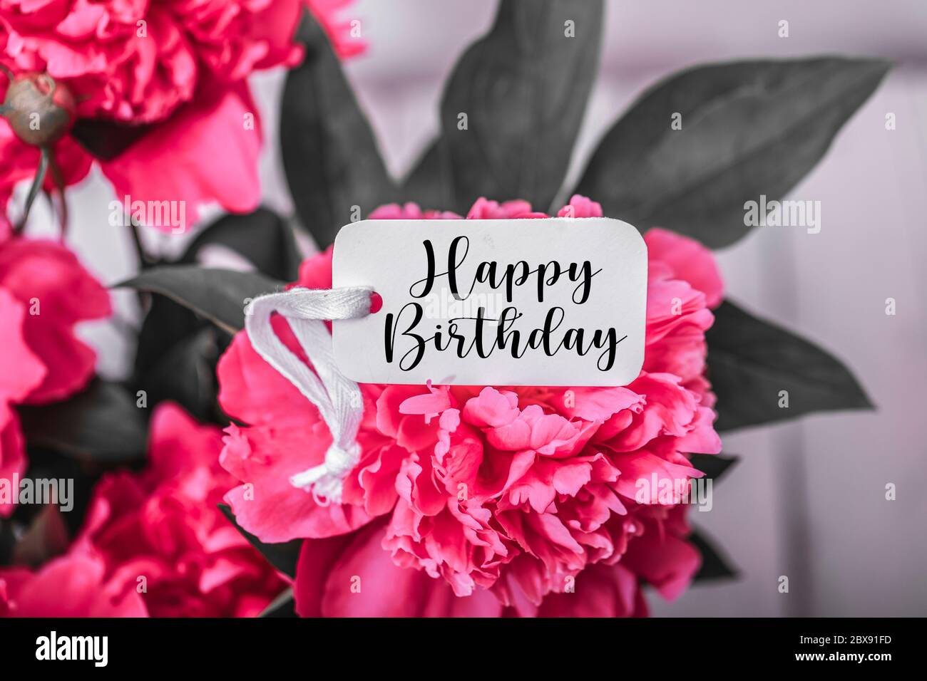 Happy Birthday Card with Bouquet of Pink Roses Stock Photo - Alamy