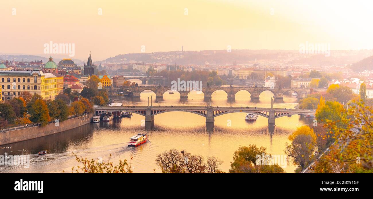 Prague bridges over Vltava River in the evening, Praha, Czech Republic. Stock Photo