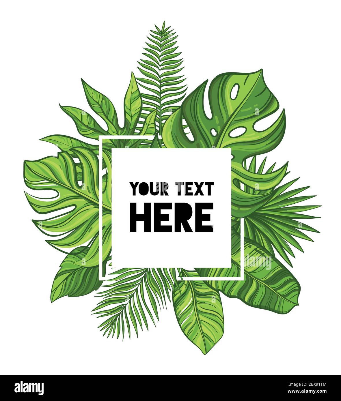 Vector card design with exotic tropical leaves on white background ...