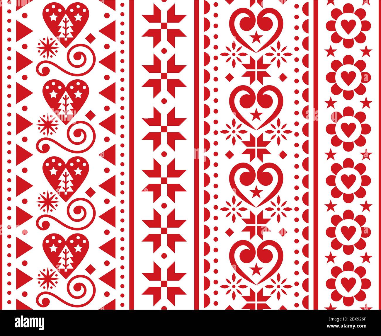 Christmas vector seamless vertical pattern - Scandinavian traditional embroidery folk art style with snowflakes, Chritmas trees, flowers and hearts Stock Vector