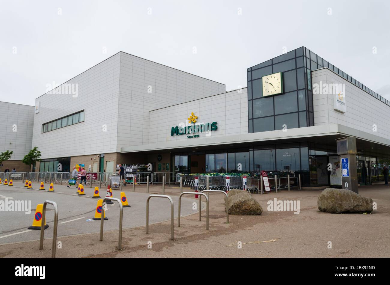 New Brighton, UK: Jun 3, 2020: The drop off and collection point at the front of Morrisons supermarket has been closed and coned off to help with soci Stock Photo