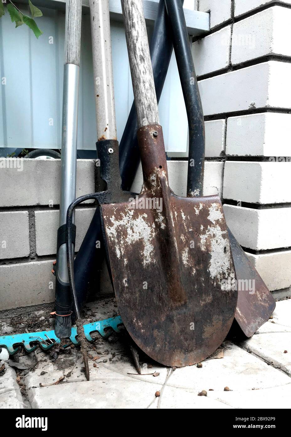 Metal gardening tools. Example of tool are shovel, spade, harrow, rake
