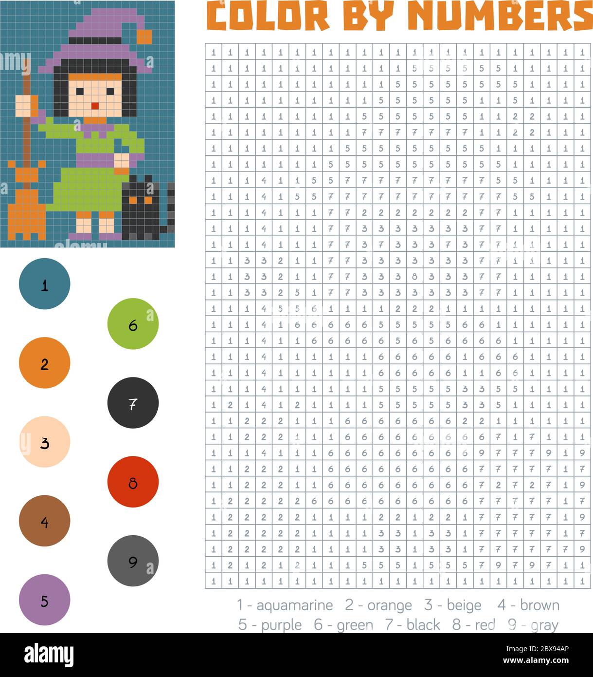 Color by number, education game for children, Witch Stock Vector Image