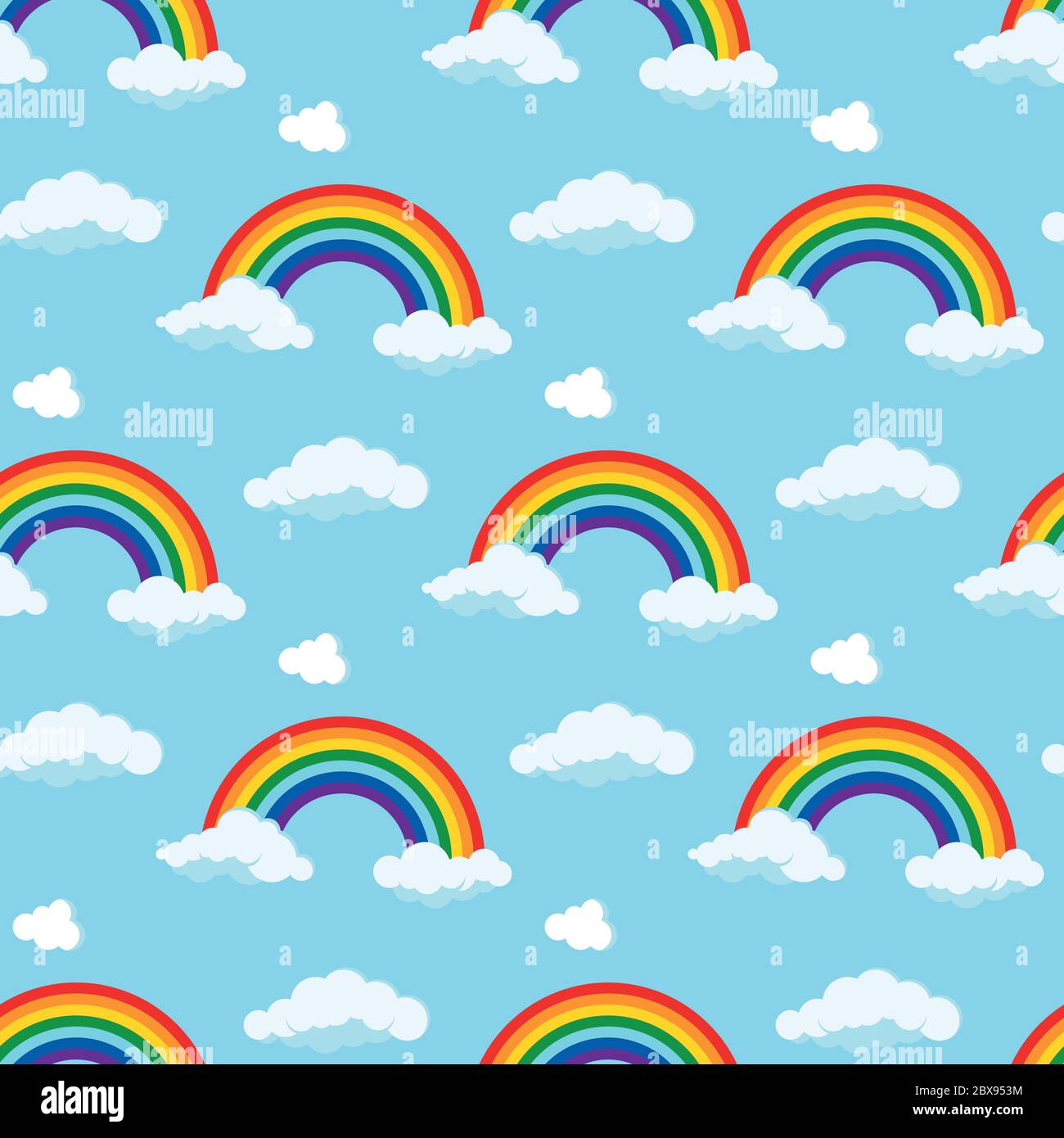 Rainbow with clouds at the ends seamless pattern on sky blue background. Stock Vector