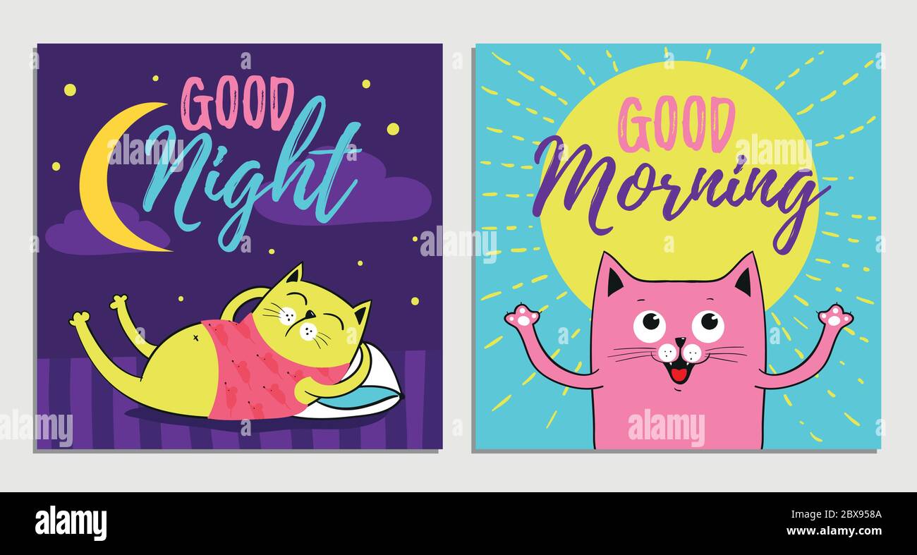 Funny Cartoon vector cat illustrations, Good Night, Morning Stock Vector  Image & Art - Alamy