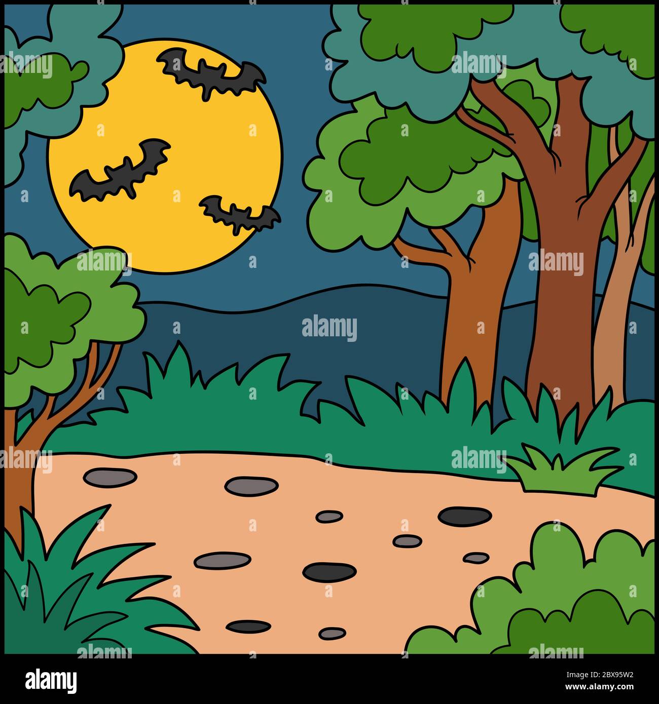 Vector Halloween background, colorful landscape with night forest Stock ...