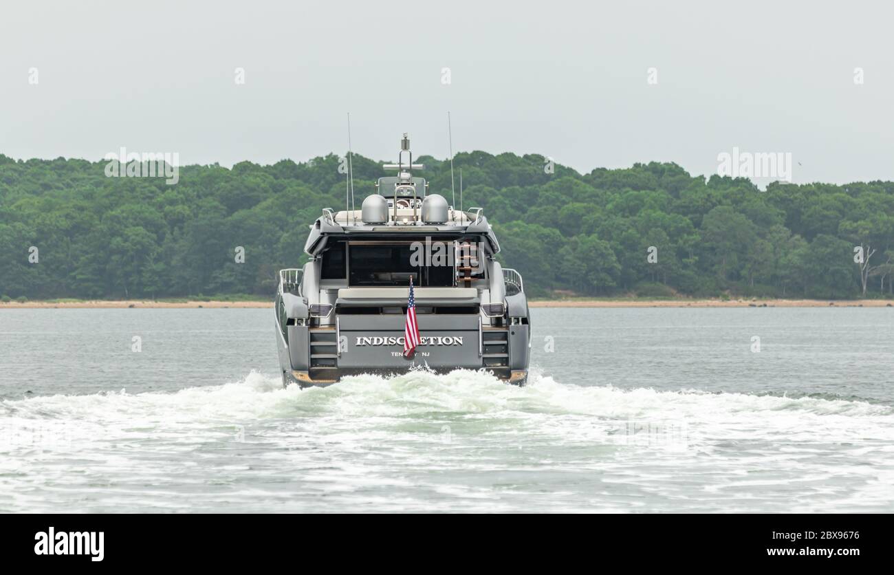 Large Riva Motor Yacht, Indiscretion, just off Shelter Island, NY Stock