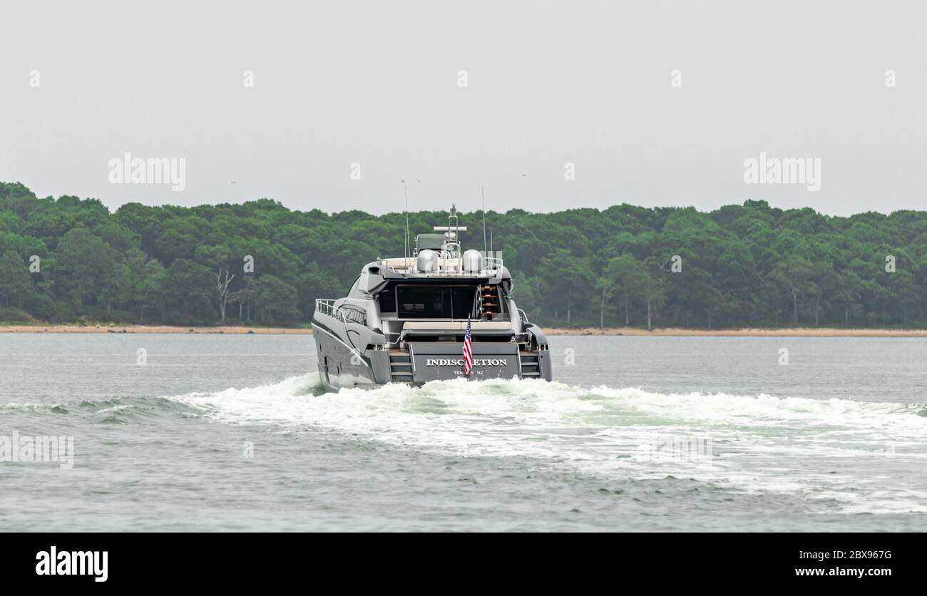 Large Riva Motor Yacht, Indiscretion, just off Shelter Island, NY Stock