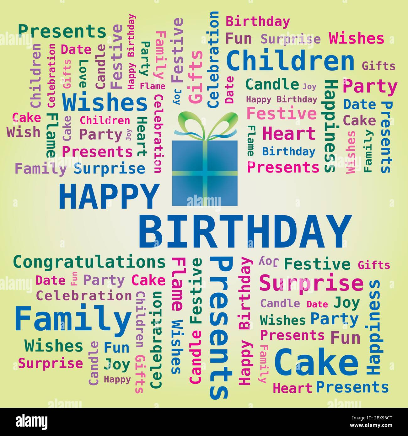 Word Cloud - Happy Birthday with Gift Box on Green Background Stock Vector