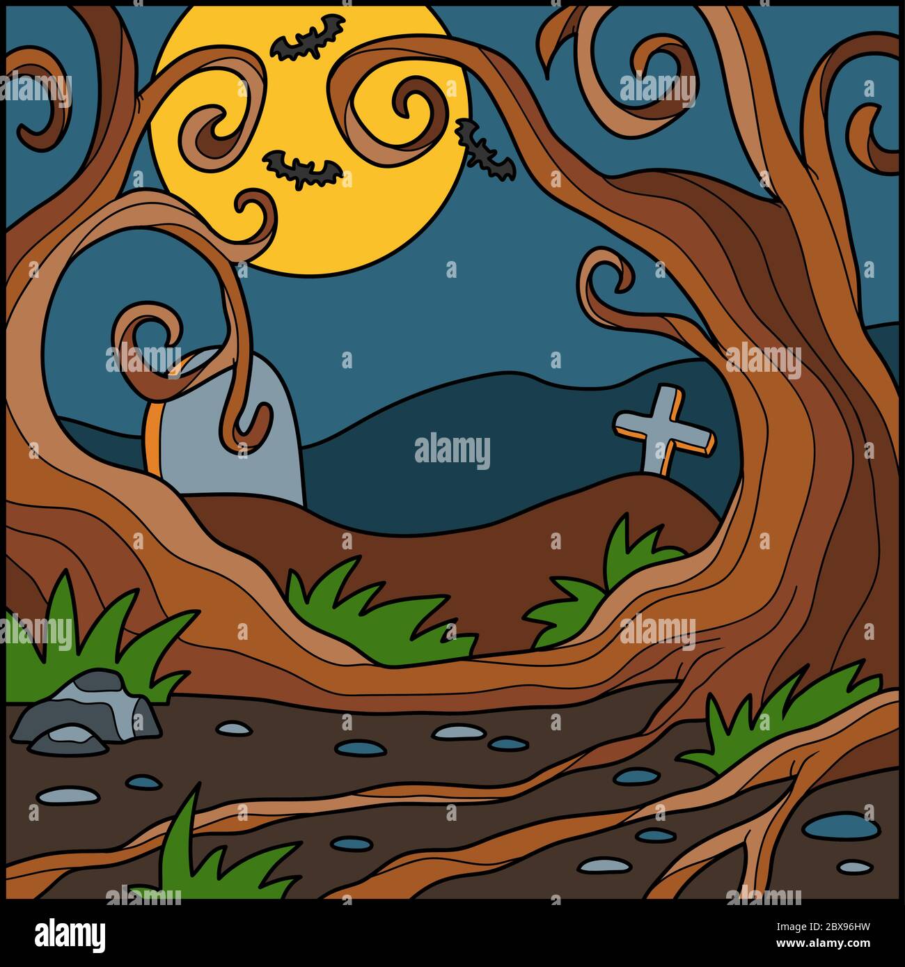 Vector Halloween background, colorful landscape with night forest Stock ...
