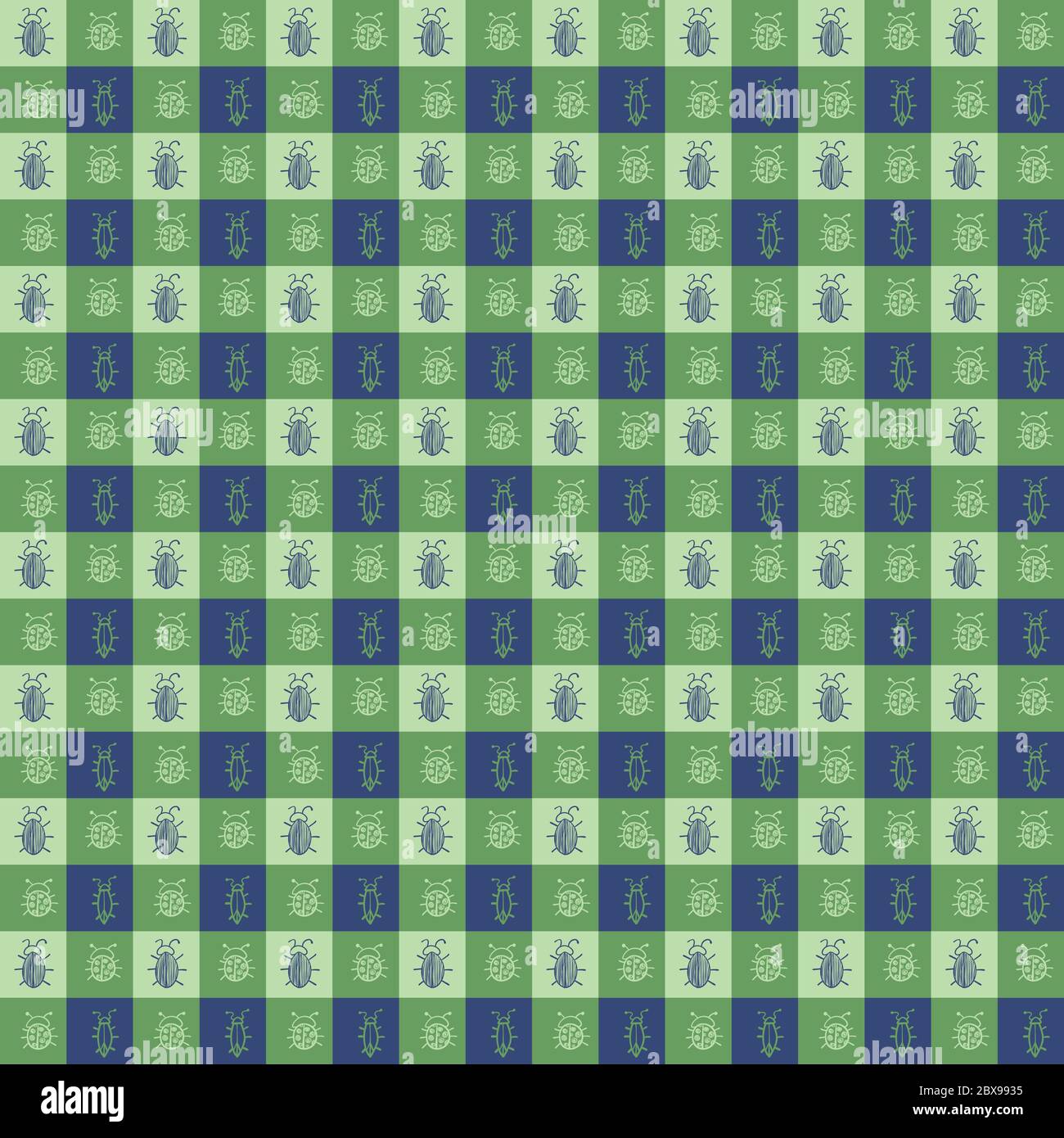 green gingham with beetles seamless vector pattern Stock Vector
