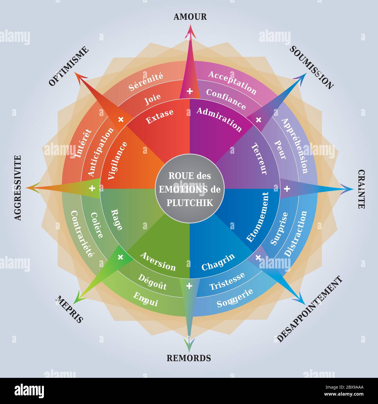 Plutchiks Wheel of Emotions, Psychology Diagram, Coaching Tool, French Language Stock Vector