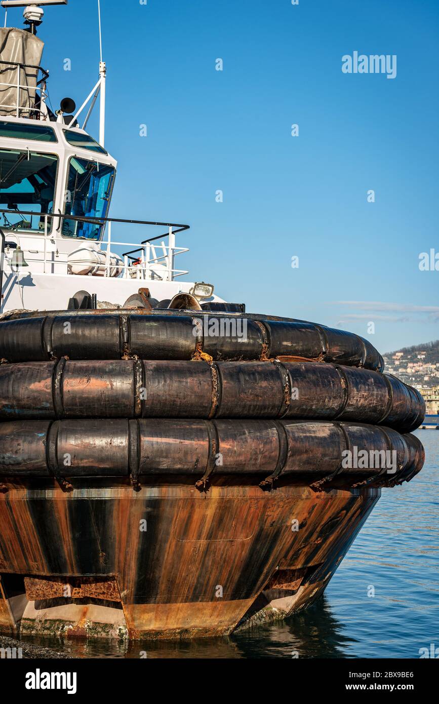 Close-up of an old Tug Boat moored in the seaport of La Spezia, Liguria, Italy, Europe Stock Photo