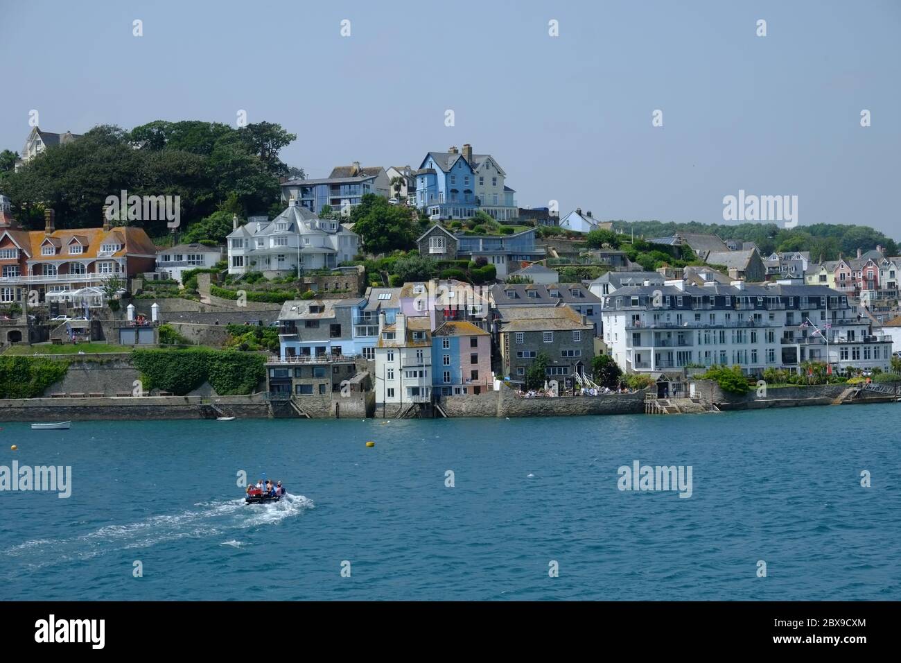 A general view of Salcombe Town, Estuary and Ferry Boat taken from East Portlemouth. Stock Photo