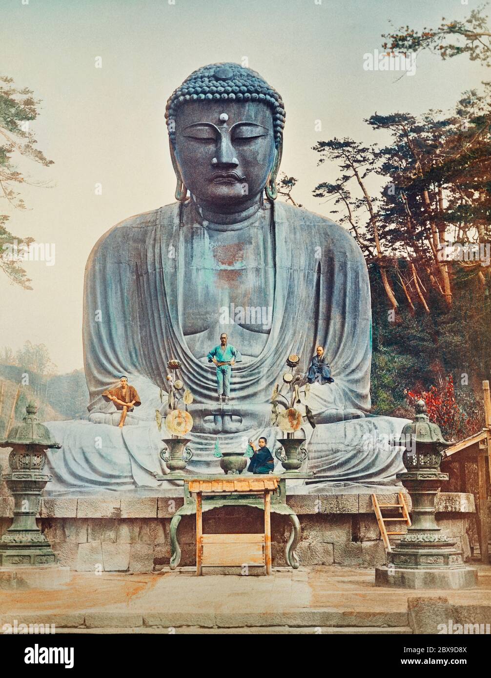 The Bronze Buddha at Kamakura, hand-colored albumen silver print from Japan. Described and Illustrated by the Japanese (1897) by Kazumasa Ogawa. Origi Stock Photo