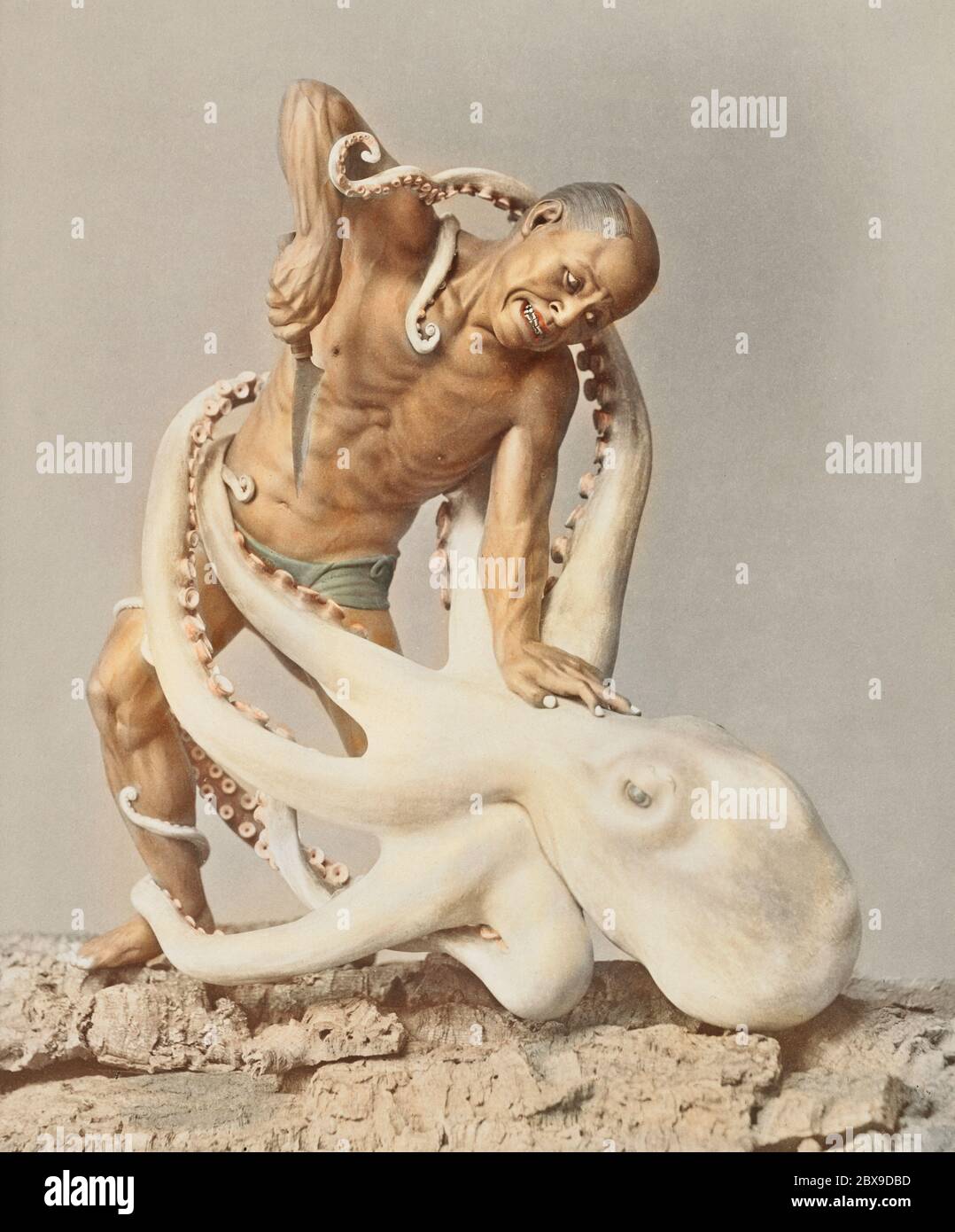 Wood Carving, hand-colored albumen silver print from Japan (1897) by Kazumasa Ogawa. Original from the J. Paul Getty Museum. Stock Photo