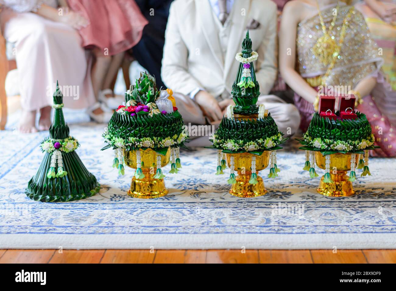 Trays of wedding gifts and betel bowls from groom to bride's family, Khan Mak procession, Thai wedding engagement ceremony Stock Photo