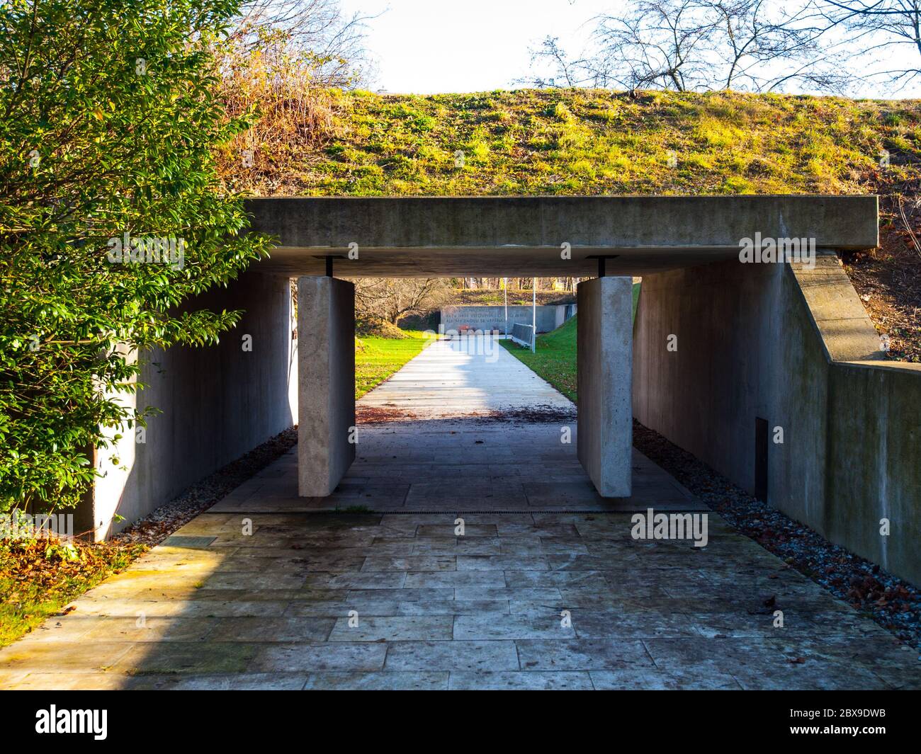 PRAGUE, CZECH REPUBLIC - DECEMBER 9, 2017: Entrance to former Kobylisy Shooting Range, Prague, Czech Republic. Place of mass executions during WWII by Nazis after the assassination of Reinhard Heydrich. Stock Photo