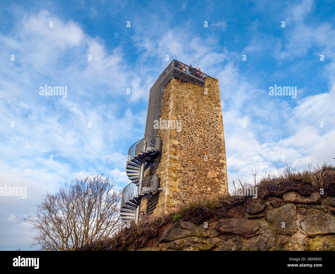 Orlik nad Humpolcem castle tower after reconstruction with many tourists on the top, Vysocina, Czech Republic. Stock Photo