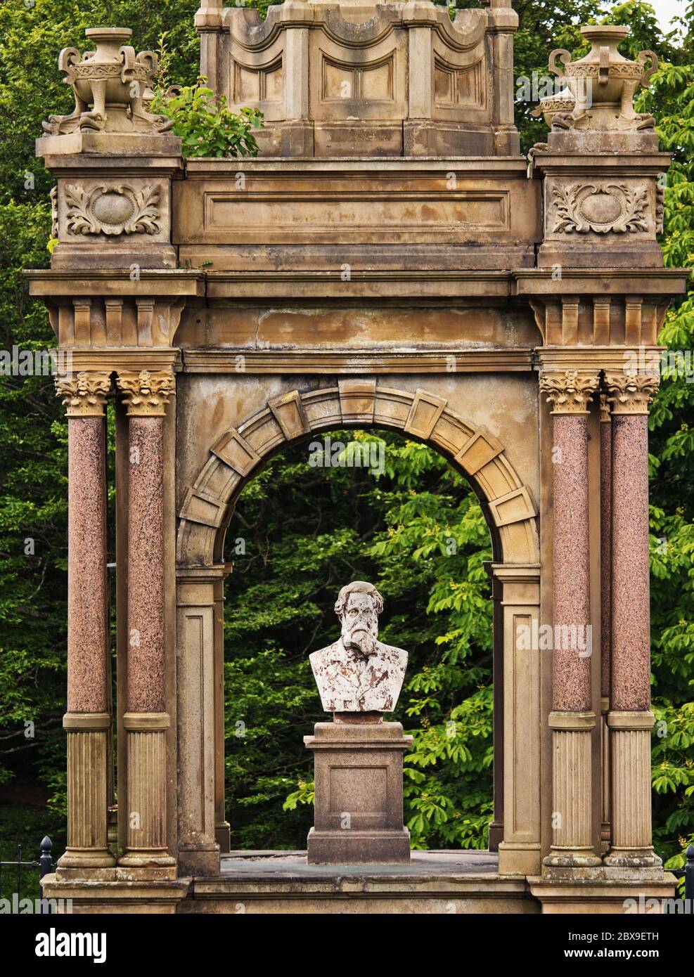 The monument and but of John Hargreaves Scott in Scott Park, Burnley