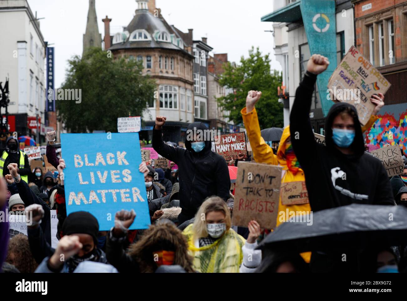 Leicester, Leicestershire, UK. 6th June 2020. Protesters take the knee during a 'Black lives matter' demonstration following the death of American George Floyd while in the custody of Minneapolis police. Credit Darren Staples/Alamy Live News. Stock Photo