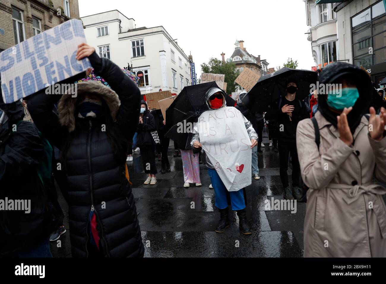 Leicester, Leicestershire, UK. 6th June 2020. Protesters attend a 'Black lives matter' demonstration following the death of American George Floyd while in the custody of Minneapolis police. Credit Darren Staples/Alamy Live News. Stock Photo