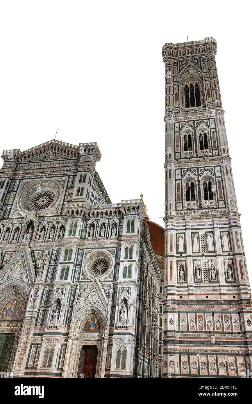 Florence Cathedral, Duomo of Santa Maria del Fiore and bell tower of Giotto isolated on white background. UNESCO world heritage site, Tuscany, Italy, Stock Photo
