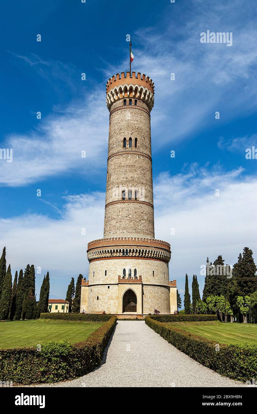 Monumental Tower of St. Martin of the Battle in gothic style, 1878. National monument of the Italian Risorgimento. San Martino della Battaglia, Italy. Stock Photo
