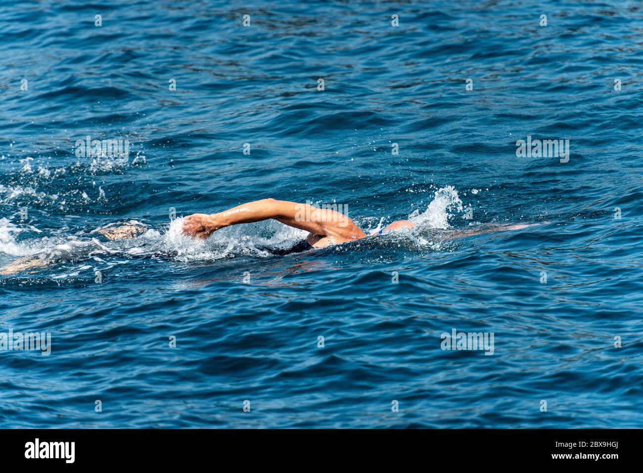Male freestyle swimmer (Front crawl) in the blue waves of the Mediterranean sea Stock Photo