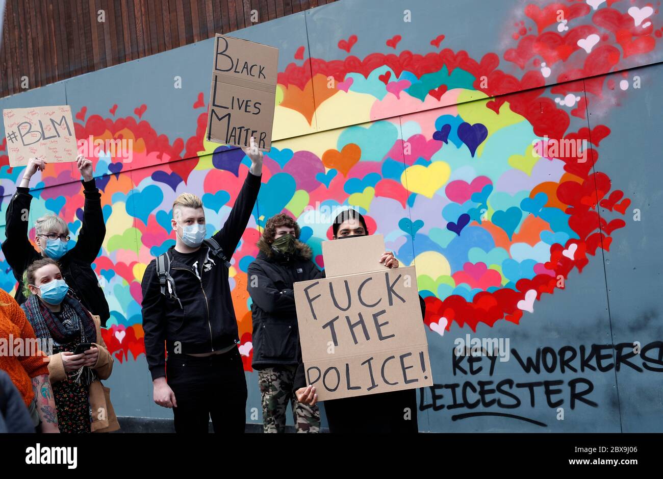 Leicester, Leicestershire, UK. 6th June 2020. Protesters attend a 'Black lives matter' demonstration following the death of American George Floyd while in the custody of Minneapolis police. Credit Darren Staples/Alamy Live News. Stock Photo