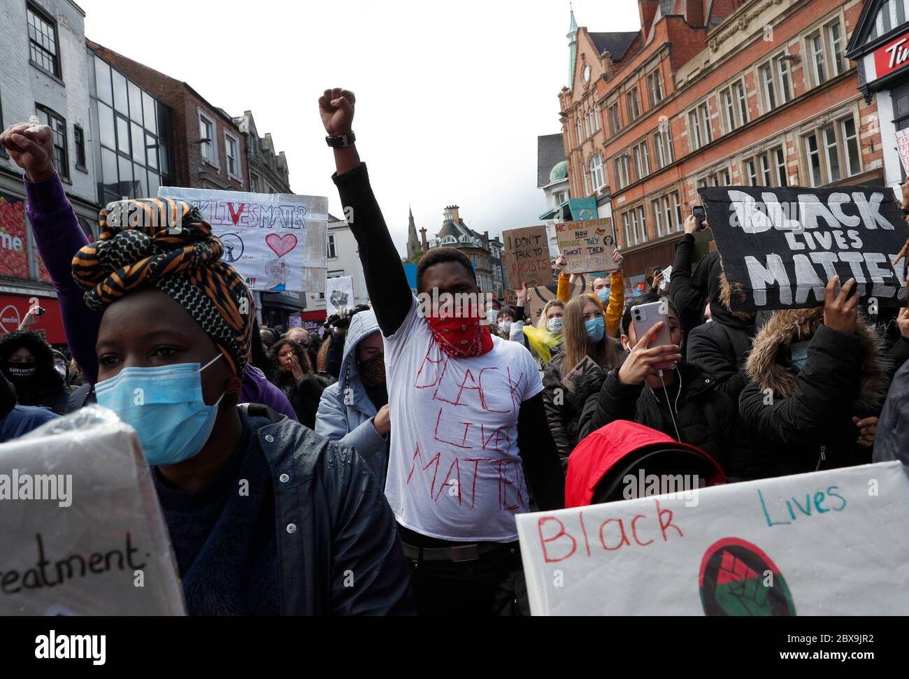 Leicester, Leicestershire, UK. 6th June 2020. Protesters attend a 'Black lives matter' demonstration following the death of American George Floyd while in the custody of Minneapolis police. Credit Darren Staples/Alamy Live News. Stock Photo