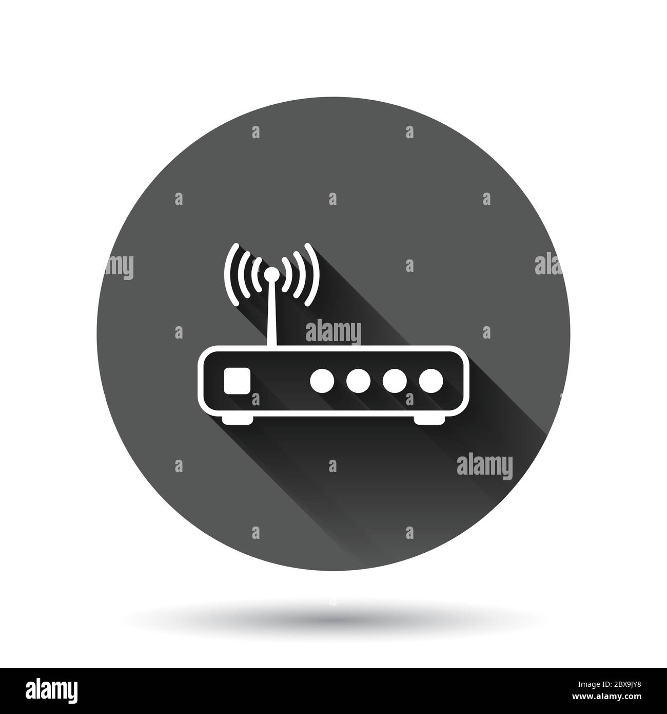 Wifi router icon in flat style. Broadband vector illustration on black round background with long shadow effect. Internet connection circle button bus Stock Vector