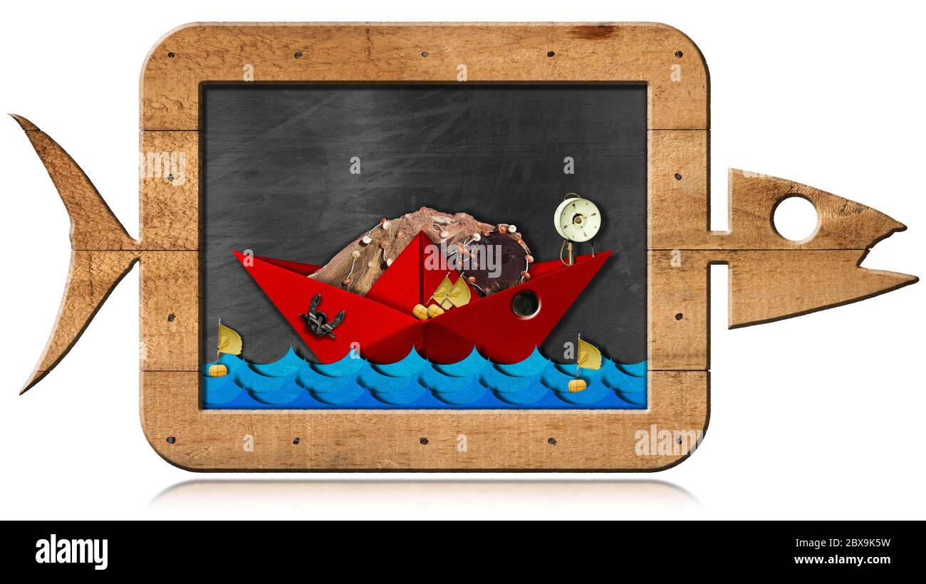 Blackboard with wooden frame in the shape of fish with a red fishing boat, blue waves and copy space. Isolated on white background Stock Photo