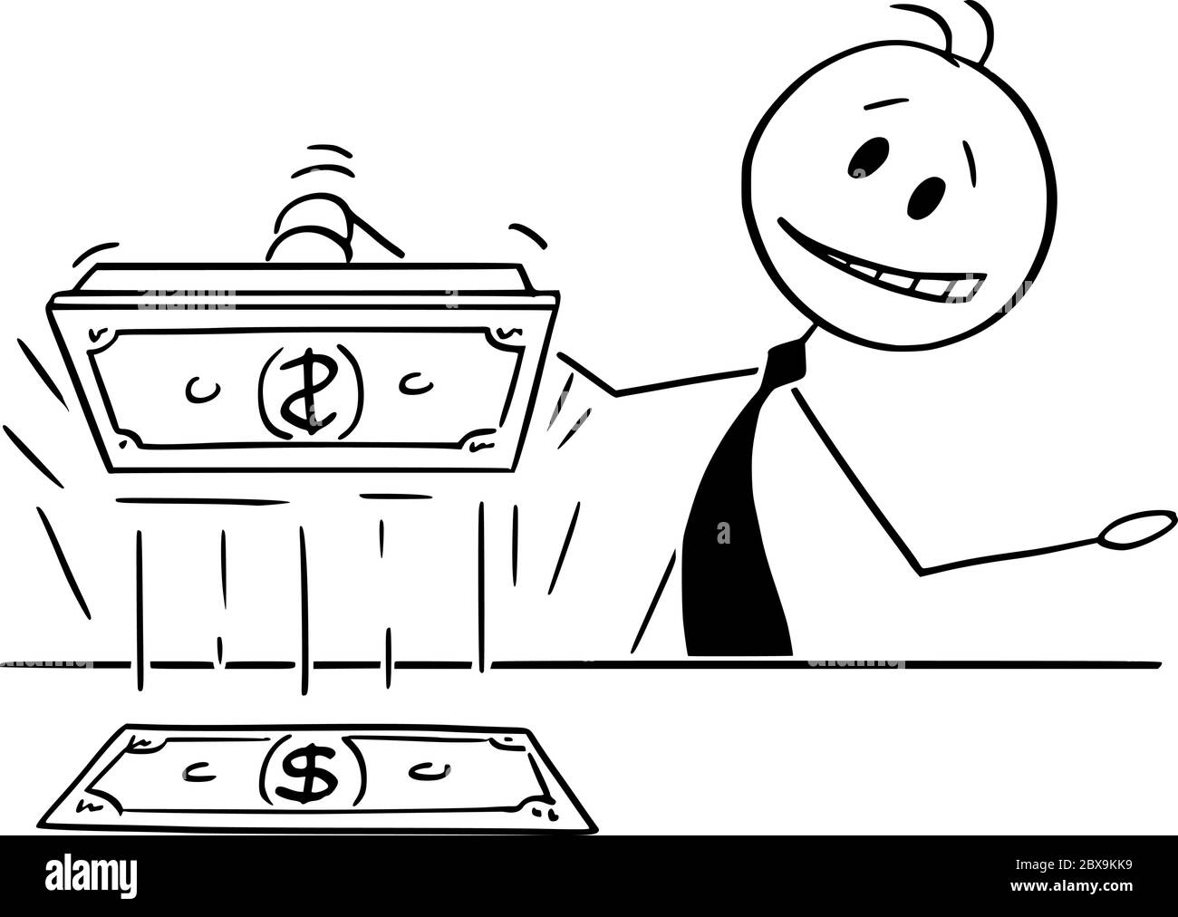 Vector cartoon stick figure drawing conceptual illustration of politician or banker printing cash money, Concept of quantitative easing or monetary politics. Stock Vector