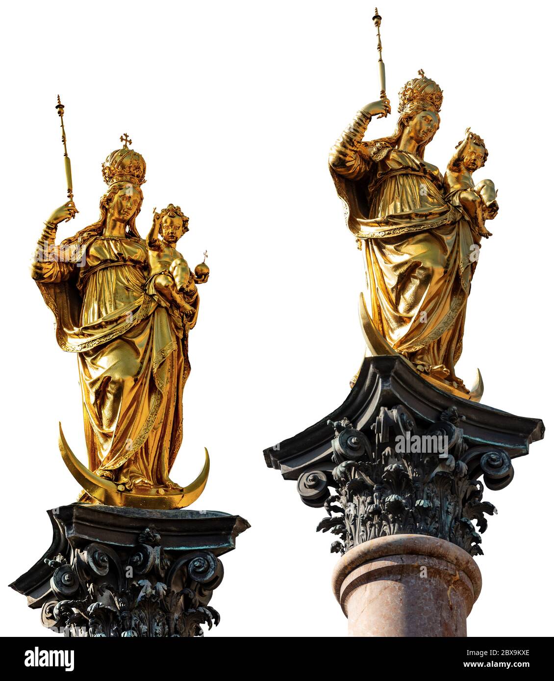 Mariensaule in Marienplatz, Munich, Germany. Golden statue of the Virgin Mary and the baby Jesus (1590) isolated on white background. Bavaria, Germany Stock Photo