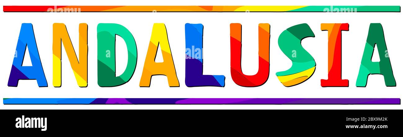 Andalusia. Multicolored bright funny cartoon isolated inscription. Colorful letters. Spain, Andalusia for prints on clothing, t-shirt, bag, banner. Stock Vector