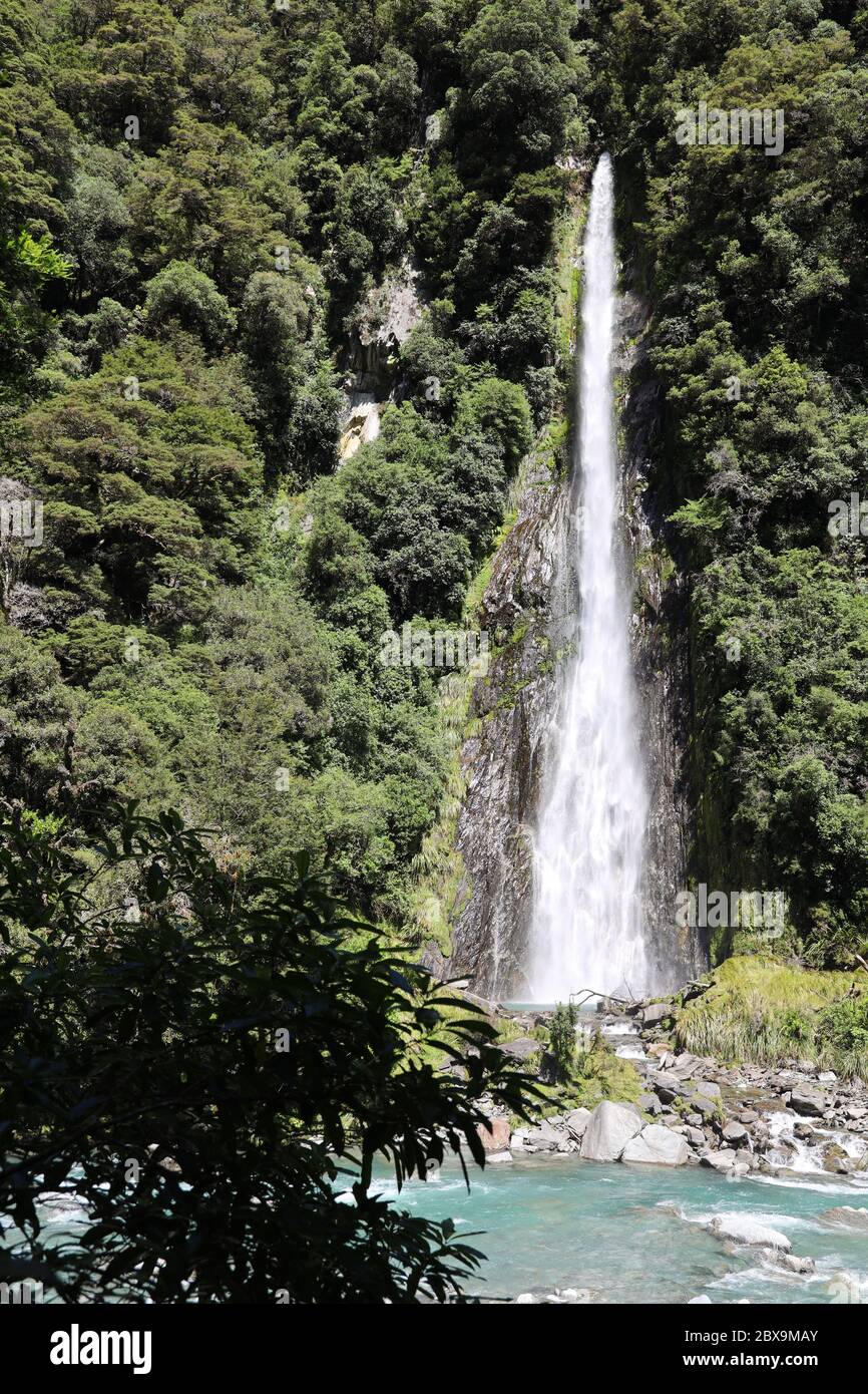 Waterfall.Thunder Creek Falls, Mt Aspiring National Park, HAAST , state highway 6. Otago region of South Island, New Zealand. No people.Full frame. Stock Photo