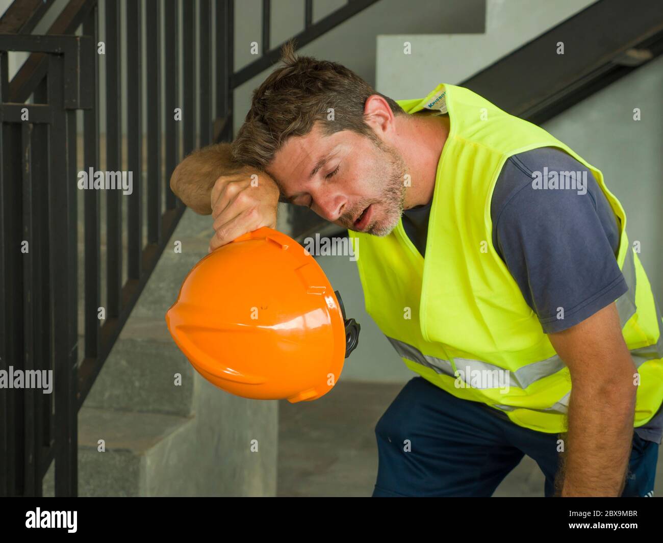 blue collar job lifestyle. Portrait of attractive and exhausted