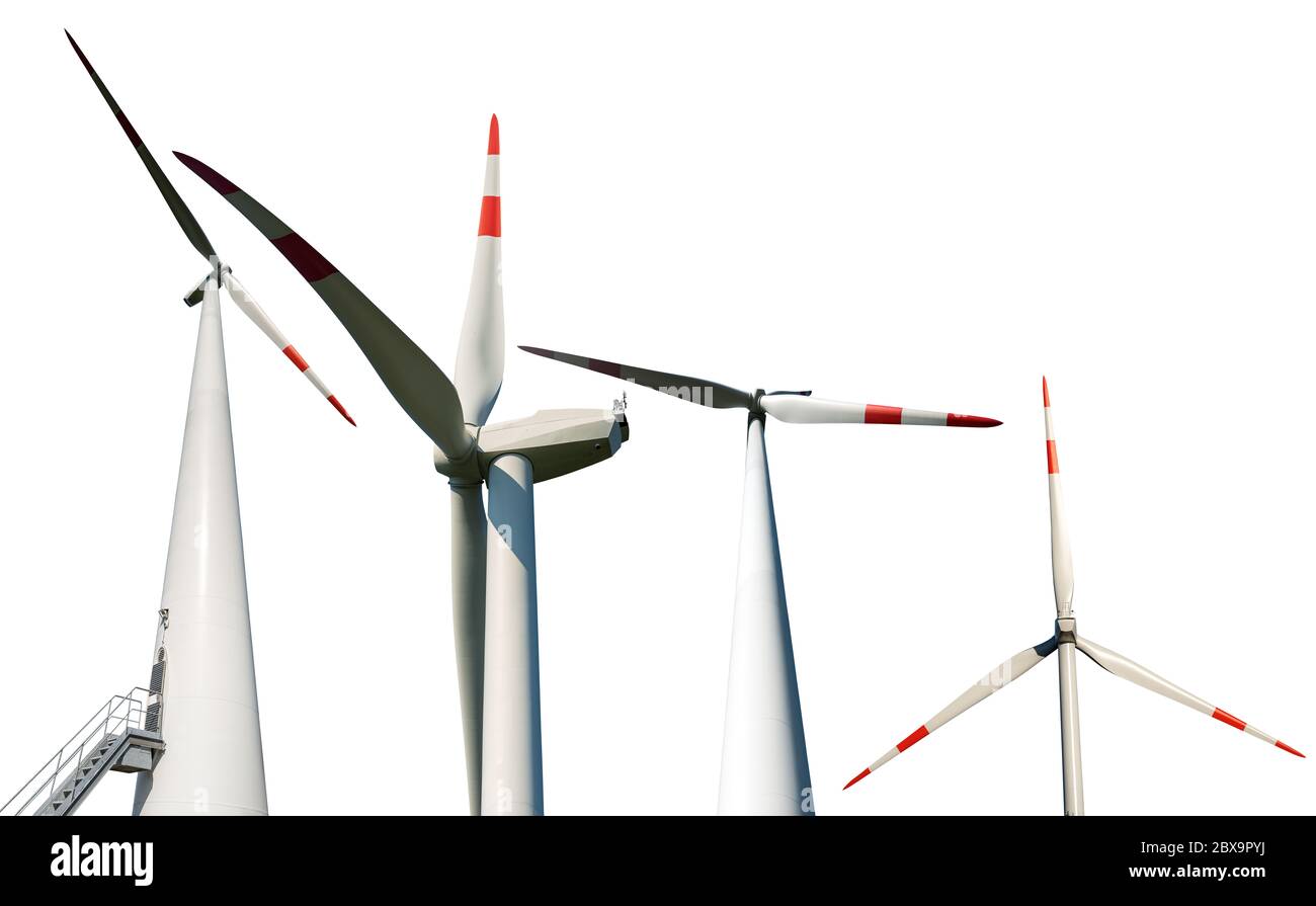 Collection of four white and red wind turbines isolated on white