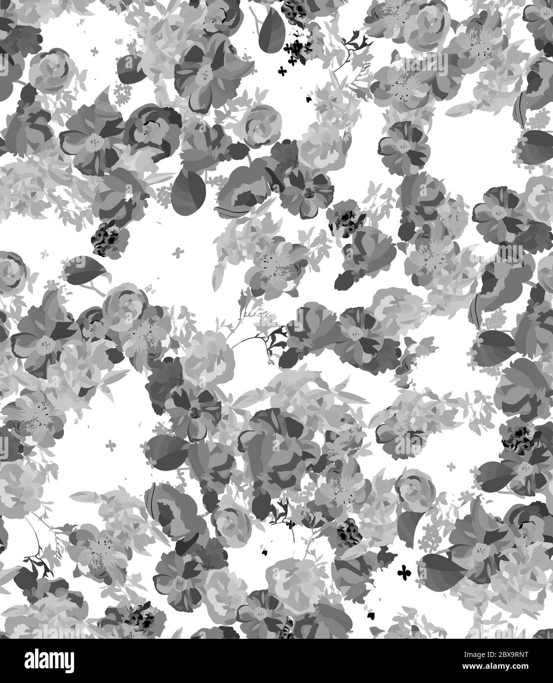 Floral seamless pattern with different flowers and leaves. Black and ...