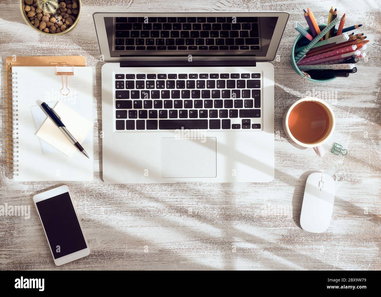 Work from home, online shopping, learning. Top view. Distance education ...