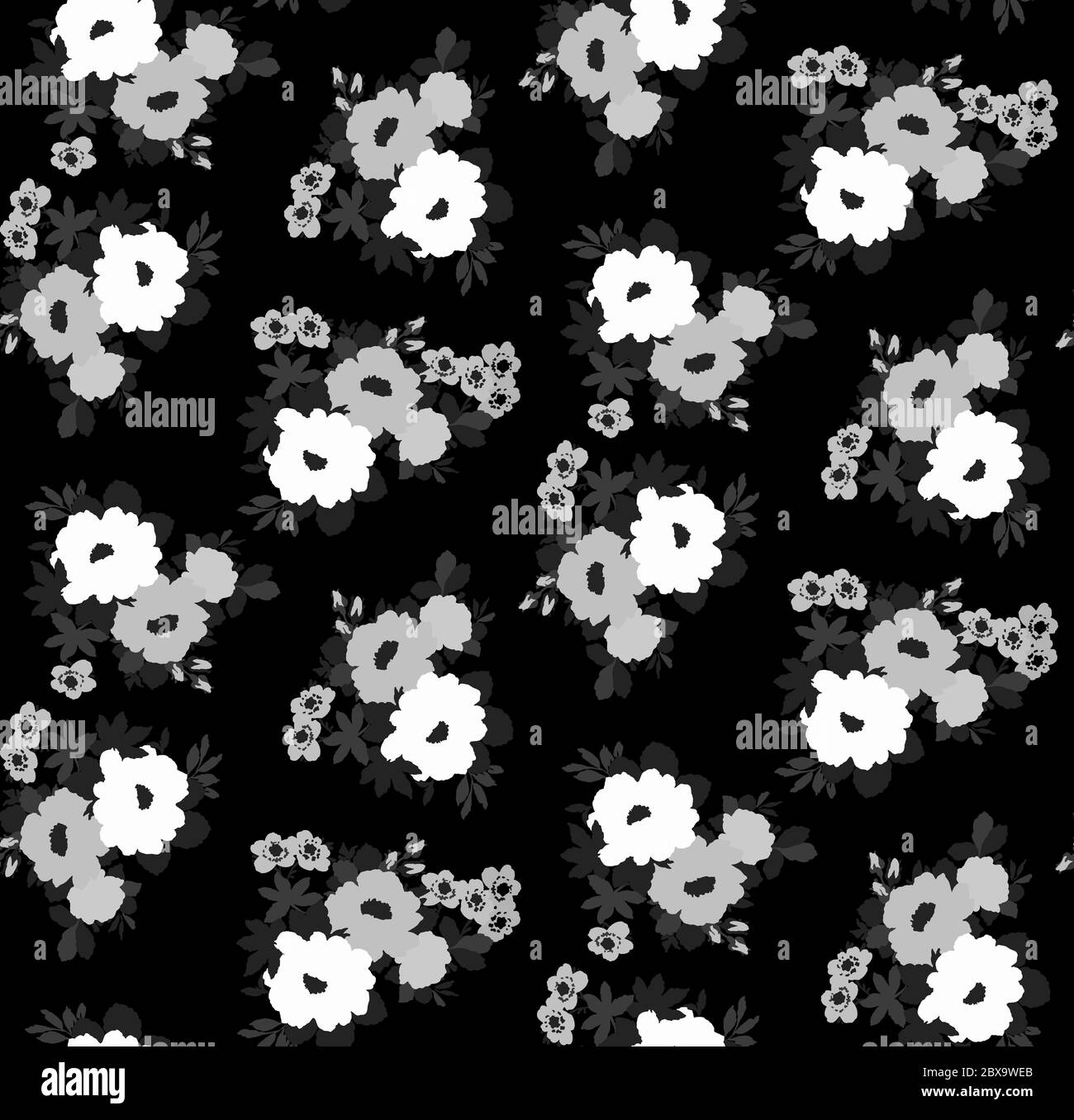Floral seamless pattern with different flowers and leaves. Black and ...