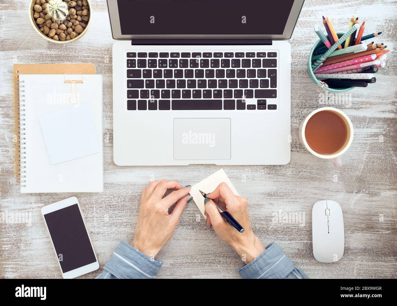 Work from home online shopping learning top view make notes stock